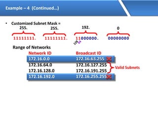 Example – 4 (Continued…)
• Customized Subnet Mask =
255.
11111111.
255.
11111111.
0
11000000. 00000000
192.
Range of Networks
Network ID Broadcast ID
172.16.0.0
172.16.64.0
172.16.128.0
172.16.192.0
172.16.63.255
172.16.127.255
172.16.191.255
172.16.255.255
Valid Subnets
172.16.0.0 172.16.63.255
172.16.192.0 172.16.255.255
 