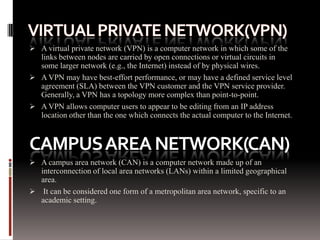  A virtual private network (VPN) is a computer network in which some of the
links between nodes are carried by open connections or virtual circuits in

some larger network (e.g., the Internet) instead of by physical wires.
 A VPN may have best-effort performance, or may have a defined service level
agreement (SLA) between the VPN customer and the VPN service provider.
Generally, a VPN has a topology more complex than point-to-point.
 A VPN allows computer users to appear to be editing from an IP address
location other than the one which connects the actual computer to the Internet.

CAMPUS AREA NETWORK(CAN)
 A campus area network (CAN) is a computer network made up of an

interconnection of local area networks (LANs) within a limited geographical
area.
 It can be considered one form of a metropolitan area network, specific to an
academic setting.

 