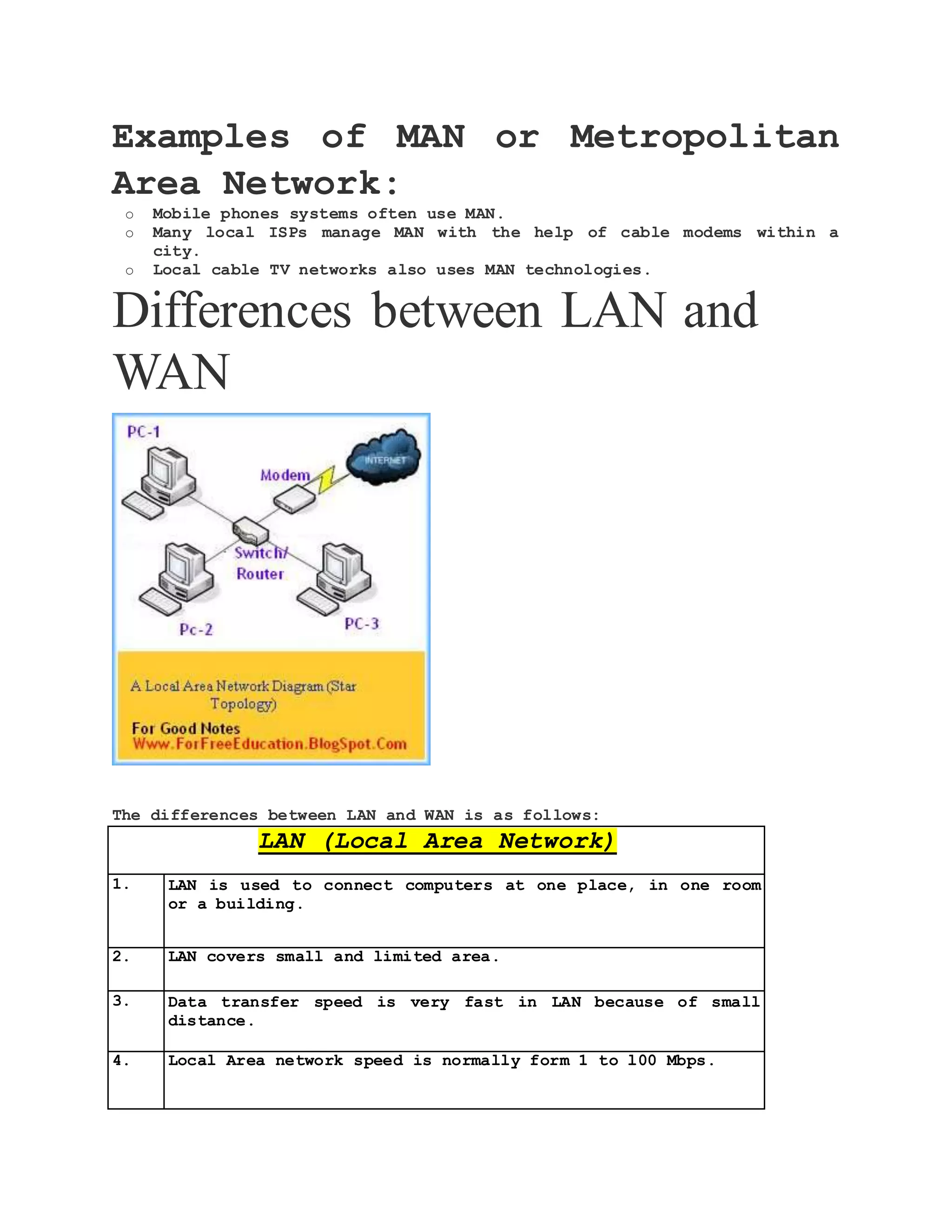 Examples of MAN or Metropolitan Area Network: o Mobile phones systems often use MAN. o Many local ISPs manage MAN with the help of cable modems within a city. o Local cable TV networks also uses MAN technologies. Differences between LAN and WAN The differences between LAN and WAN is as follows: LAN (Local Area Network) 1. LAN is used to connect computers at one place, in one room or a building. 2. LAN covers small and limited area. 3. Data transfer speed is very fast in LAN because of small distance. 4. Local Area network speed is normally form 1 to l00 Mbps. 