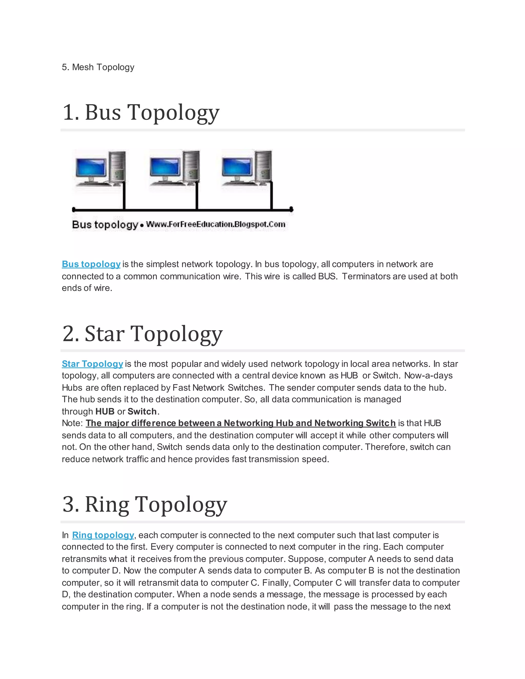 5. Mesh Topology 1. Bus Topology Bus topology is the simplest network topology. In bus topology, all computers in network are connected to a common communication wire. This wire is called BUS. Terminators are used at both ends of wire. 2. Star Topology Star Topology is the most popular and widely used network topology in local area networks. In star topology, all computers are connected with a central device known as HUB or Switch. Now-a-days Hubs are often replaced by Fast Network Switches. The sender computer sends data to the hub. The hub sends it to the destination computer. So, all data communication is managed through HUB or Switch. Note: The major difference between a Networking Hub and Networking Switch is that HUB sends data to all computers, and the destination computer will accept it while other computers will not. On the other hand, Switch sends data only to the destination computer. Therefore, switch can reduce network traffic and hence provides fast transmission speed. 3. Ring Topology In Ring topology, each computer is connected to the next computer such that last computer is connected to the first. Every computer is connected to next computer in the ring. Each computer retransmits what it receives from the previous computer. Suppose, computer A needs to send data to computer D. Now the computer A sends data to computer B. As computer B is not the destination computer, so it will retransmit data to computer C. Finally, Computer C will transfer data to computer D, the destination computer. When a node sends a message, the message is processed by each computer in the ring. If a computer is not the destination node, it will pass the message to the next 