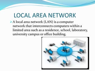 LOCAL AREA NETWORK
A local area network (LAN) is a computer
network that interconnects computers within a
limited area such as a residence, school, laboratory,
university campus or office building.
 