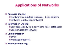 Applications of Networks
Resource Sharing
Hardware (computing resources, disks, printers)
Software (application software)
Information Sharing
Easy accessibility from anywhere (files, databases)
Search Capability (WWW)
Communication
Email
Message broadcast
Remote computing
 