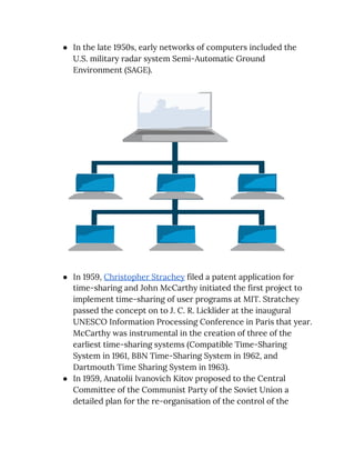 ● In the late 1950s, early networks of computers included the 
U.S. military radar system Semi-Automatic Ground 
Environment (SAGE). 
 
● In 1959, ​Christopher Strachey​ filed a patent application for 
time-sharing and John McCarthy initiated the first project to 
implement time-sharing of user programs at MIT. Stratchey 
passed the concept on to J. C. R. Licklider at the inaugural 
UNESCO Information Processing Conference in Paris that year. 
McCarthy was instrumental in the creation of three of the 
earliest time-sharing systems (Compatible Time-Sharing 
System in 1961, BBN Time-Sharing System in 1962, and 
Dartmouth Time Sharing System in 1963). 
● In 1959, Anatolii Ivanovich Kitov proposed to the Central 
Committee of the Communist Party of the Soviet Union a 
detailed plan for the re-organisation of the control of the 
 