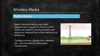 Wireless Media
RadioWaves
Radio Communication uses radio
frequencies in range of 3 KHz to 3 GHz.
These are used for communication over
distances ranging from a few metres to an
entire city.
Cordless phones, garage door openers,
etc., are examples of radio wave
transmission.
 