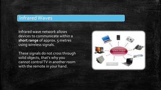 InfraredWaves
Infrared wave network allows
devices to communicate within a
short range of approx. 5 metres
using wireless signals.
These signals do not cross through
solid objects, that's why you
cannot controlTV in another room
with the remote in your hand.
 