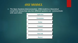 OSI MODEL
 The Open Systems Interconnection (OSI) model is a theoretical
model that shows how any two different systems can communicate
with each other.
 