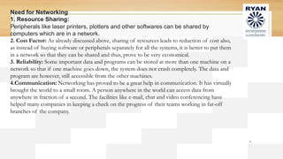 4
Need for Networking
1. Resource Sharing:
Peripherals like laser printers, plotters and other softwares can be shared by
computers which are in a network.
2. Cost Factor: As already discussed above, sharing of resources leads to reduction of cost also,
as instead of buying software or peripherals separately for all the systems, it is better to put them
in a network so that they can be shared and thus, prove to be very economical.
3. Reliability: Some important data and programs can be stored at more than one machine on a
network so that if one machine goes down, the system does not crash completely. The data and
program are however, still accessible from the other machines.
4.Communication: Networking has proved to be a great help in communication. It has virtually
brought the world to a small room. A person anywhere in the world can access data from
anywhere in fraction of a second. The facilities like e-mail, chat and video conferencing have
helped many companies in keeping a check on the progress of their teams working in far-off
branches of the company.
 
