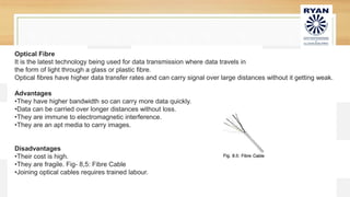CLASS 9- COMPUTER NETWORKING AND MULTIMEDIA 8
Optical Fibre
It is the latest technology being used for data transmission where data travels in
the form of light through a glass or plastic fibre.
Optical fibres have higher data transfer rates and can carry signal over large distances without it getting weak.
Advantages
•They have higher bandwidth so can carry more data quickly.
•Data can be carried over longer distances without loss.
•They are immune to electromagnetic interference.
•They are an apt media to carry images.
Disadvantages
•Their cost is high.
•They are fragile. Fig- 8,5: Fibre Cable
•Joining optical cables requires trained labour.
 