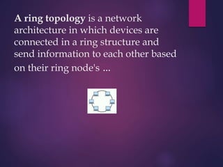 A ring topology is a network
architecture in which devices are
connected in a ring structure and
send information to each other based
on their ring node's ...
 