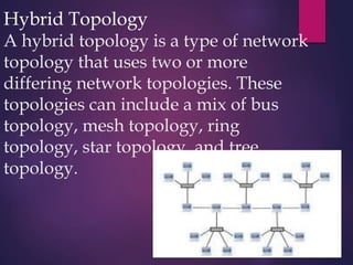 Hybrid Topology
A hybrid topology is a type of network
topology that uses two or more
differing network topologies. These
topologies can include a mix of bus
topology, mesh topology, ring
topology, star topology, and tree
topology.
 