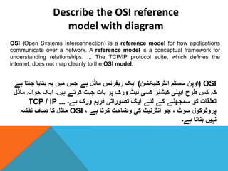Describe the OSI reference
model with diagram
OSI (Open Systems Interconnection) is a reference model for how applications
communicate over a network. A reference model is a conceptual framework for
understanding relationships. ... The TCP/IP protocol suite, which defines the
internet, does not map cleanly to the OSI model.
OSI
(
‫انٹرکنیکشن‬ ‫سسٹم‬ ‫اوپن‬
)
‫ج‬ ‫بتایا‬ ‫یہ‬ ‫میں‬ ‫جس‬ ‫ہے‬ ‫ماڈل‬ ‫ریفرنس‬ ‫ایک‬
‫ہے‬ ‫اتا‬
‫ح‬ ‫ایک‬ ‫ہیں۔‬ ‫کرتے‬ ‫چیت‬ ‫بات‬ ‫پر‬ ‫ورک‬ ‫نیٹ‬ ‫کسی‬ ‫کیشنز‬ ‫ایپلی‬ ‫طرح‬ ‫کس‬ ‫کہ‬
‫ماڈل‬ ‫والہ‬
‫ہے۔‬ ‫ورک‬ ‫فریم‬ ‫تصوراتی‬ ‫ایک‬ ‫لئے‬ ‫کے‬ ‫سمجھنے‬ ‫کو‬ ‫تعلقات‬
...
TCP / IP
، ‫ہے‬ ‫کرتا‬ ‫وضاحت‬ ‫کی‬ ‫انٹرنیٹ‬ ‫جو‬ ، ‫سوٹ‬ ‫پروٹوکول‬
OSI
‫نقشہ‬ ‫صاف‬ ‫کا‬ ‫ماڈل‬
‫ہے۔‬ ‫بناتا‬ ‫نہیں‬
 