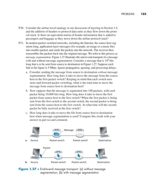 Problems     
105
P30. Consider the airline travel analogy in our discussion of layering in Section 1.5,
and the addition of headers to protocol data units as they flow down the proto-
col stack. Is there an equivalent notion of header information that is added to
passengers and baggage as they move down the airline protocol stack?
P31. In modern packet-switched networks, including the Internet, the source host seg-
ments long, application-layer messages (for example, an image or a music file)
into smaller packets and sends the packets into the network. The receiver then
reassembles the packets back into the original message. We refer to this process as
message segmentation. Figure 1.27 illustrates the end-to-end transport of a message
with and without message segmentation. Consider a message that is 106
bits
long that is to be sent from source to destination in Figure 1.27. Suppose each
link in the figure is 5 Mbps. Ignore propagation, queuing, and processing delays.
a. Consider sending the message from source to destination without message
segmentation. How long does it take to move the message from the source
host to the first packet switch? Keeping in mind that each switch uses
store-and-forward packet switching, what is the total time to move the
message from source host to destination host?
b. Now suppose that the message is segmented into 100 packets, with each
packet being 10,000 bits long. How long does it take to move the first
packet from source host to the first switch? When the first packet is being
sent from the first switch to the second switch, the second packet is being
sent from the source host to the first switch. At what time will the second
packet be fully received at the first switch?
c. How long does it take to move the file from source host to destination
host when message segmentation is used? Compare this result with your
answer in part (a) and comment.
Figure 1.27 ♦ 
End-to-end message transport: (a) without message
­
segmentation; (b) with message segmentation
Source
a. Packet switch Packet switch Destination
Message
Source
b. Packet switch
Packet
Packet switch Destination
M01_KURO5469_08_GE_C01.indd 105 08/05/2021 13:50
 