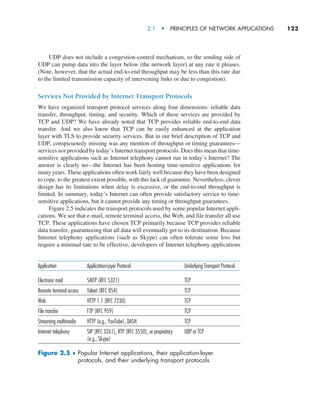 2.1  •   Principles of Network Applications     
123
UDP does not include a congestion-control mechanism, so the sending side of
UDP can pump data into the layer below (the network layer) at any rate it pleases.
(Note, however, that the actual end-to-end throughput may be less than this rate due
to the limited transmission capacity of intervening links or due to congestion).
Services Not Provided by Internet Transport Protocols
We have organized transport protocol services along four dimensions: reliable data
transfer, throughput, timing, and security. Which of these services are provided by
TCP and UDP? We have already noted that TCP provides reliable end-to-end data
transfer. And we also know that TCP can be easily enhanced at the application
layer with TLS to provide security services. But in our brief description of TCP and
UDP, conspicuously missing was any mention of throughput or timing guarantees—
services not provided by today’s Internet transport protocols. Does this mean that time-
sensitive applications such as Internet telephony cannot run in today’s Internet? The
answer is clearly no—the Internet has been hosting time-sensitive applications for
many years. These applications often work fairly well because they have been designed
to cope, to the greatest extent possible, with this lack of guarantee. Nevertheless, clever
design has its limitations when delay is excessive, or the end-to-end throughput is
limited. In summary, today’s Internet can often provide satisfactory service to time-
sensitive applications, but it cannot provide any timing or throughput guarantees.
Figure 2.5 indicates the transport protocols used by some popular Internet appli-
cations. We see that e-mail, remote terminal access, the Web, and file transfer all use
TCP. These applications have chosen TCP primarily because TCP provides reliable
data transfer, guaranteeing that all data will eventually get to its destination. Because
Internet telephony applications (such as Skype) can often tolerate some loss but
require a minimal rate to be effective, developers of Internet telephony applications
Application Application-Layer Protocol Underlying Transport Protocol
Electronic mail
Remote terminal access
Web
File transfer
Streaming multimedia
Internet telephony
SMTP [RFC 5321]
Telnet [RFC 854]
HTTP 1.1 [RFC 7230]
FTP [RFC 959]
HTTP (e.g., YouTube), DASH
SIP [RFC 3261], RTP [RFC 3550], or proprietary
(e.g., Skype)
TCP
TCP
TCP
TCP
TCP
UDP or TCP
Figure 2.5 ♦ 
Popular Internet applications, their application-layer
protocols, and their underlying transport protocols
M02_KURO5469_08_GE_C02.indd 123 03/05/2021 15:50
 