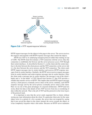 2.2  •   The Web and HTTP     
127
HTTP request messages for the objects in the page to the server. The server receives
the requests and responds with HTTP response messages that contain the objects.
HTTP uses TCP as its underlying transport protocol (rather than running on top
of UDP). The HTTP client first initiates a TCP connection with the server. Once the
connection is established, the browser and the server processes access TCP through
their socket interfaces. As described in Section 2.1, on the client side the socket inter-
face is the door between the client process and the TCP connection; on the server side
it is the door between the server process and the TCP connection. The client sends
HTTP request messages into its socket interface and receives HTTP response mes-
sages from its socket interface. Similarly, the HTTP server receives request messages
from its socket interface and sends response messages into its socket interface. Once
the client sends a message into its socket interface, the message is out of the client’s
hands and is “in the hands” of TCP. Recall from Section 2.1 that TCP provides a
reliable data transfer service to HTTP. This implies that each HTTP request message
sent by a client process eventually arrives intact at the server; similarly, each HTTP
response message sent by the server process eventually arrives intact at the client.
Here we see one of the great advantages of a layered architecture—HTTP need not
worry about lost data or the details of how TCP recovers from loss or reordering of
data within the network. That is the job of TCP and the protocols in the lower layers
of the protocol stack.
It is important to note that the server sends requested files to clients without
storing any state information about the client. If a particular client asks for the same
object twice in a period of a few seconds, the server does not respond by saying
that it just served the object to the client; instead, the server resends the object, as
it has completely forgotten what it did earlier. Because an HTTP server maintains
HTTP
request
HTTP
response
HTTP
response
HTTP
request
PC running
Internet Explorer
Android smartphone
running Google Chrome
Server running
Apache Web server
Figure 2.6 ♦ HTTP request-response behavior
M02_KURO5469_08_GE_C02.indd 127 03/05/2021 15:50
 