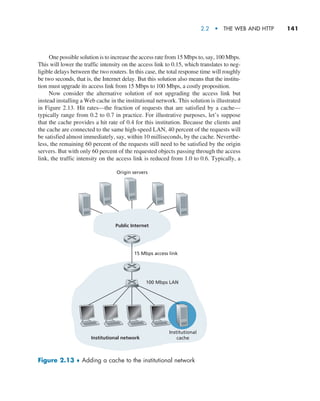 2.2  •   The Web and HTTP     
141
One possible solution is to increase the access rate from 15 Mbps to, say, 100 Mbps.
This will lower the traffic intensity on the access link to 0.15, which translates to neg-
ligible delays between the two routers. In this case, the total response time will roughly
be two seconds, that is, the Internet delay. But this solution also means that the institu-
tion must upgrade its access link from 15 Mbps to 100 Mbps, a costly proposition.
Now consider the alternative solution of not upgrading the access link but
instead installing a Web cache in the institutional network. This solution is illustrated
in Figure 2.13. Hit rates—the fraction of requests that are satisfied by a cache—
typically range from 0.2 to 0.7 in practice. For illustrative purposes, let’s suppose
that the cache provides a hit rate of 0.4 for this institution. Because the clients and
the cache are connected to the same high-speed LAN, 40 percent of the requests will
be satisfied almost immediately, say, within 10 milliseconds, by the cache. Neverthe-
less, the remaining 60 percent of the requests still need to be satisfied by the origin
servers. But with only 60 percent of the requested objects passing through the access
link, the traffic intensity on the access link is reduced from 1.0 to 0.6. Typically, a
Public Internet
Institutional network
15 Mbps access link
Institutional
cache
100 Mbps LAN
Origin servers
Figure 2.13 ♦ Adding a cache to the institutional network
M02_KURO5469_08_GE_C02.indd 141 03/05/2021 15:50
 