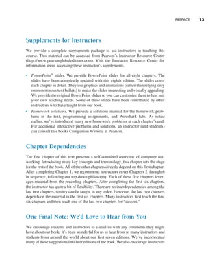 PREFACE     
13
Supplements for Instructors
We provide a complete supplements package to aid instructors in teaching this
course. This material can be accessed from Pearson’s Instructor Resource Center
(http://www.pearsonglobaleditions.com). Visit the Instructor Resource Center for
­
information about accessing these instructor’s supplements.
• PowerPoint® slides. We provide PowerPoint slides for all eight chapters. The
slides have been completely updated with this eighth edition. The slides cover
each chapter in detail. They use graphics and animations (rather than relying only
on monotonous text bullets) to make the slides interesting and visually appealing.
We provide the original PowerPoint slides so you can customize them to best suit
your own teaching needs. Some of these slides have been contributed by other
instructors who have taught from our book.
• Homework solutions. We provide a solutions manual for the homework prob-
lems in the text, programming assignments, and Wireshark labs. As noted
­
earlier, we’ve introduced many new homework problems at each chapter’s end.
For additional interactive problems and solutions, an instructor (and students)
can consult this books Companion Website at Pearson.
Chapter Dependencies
The first chapter of this text presents a self-contained overview of computer net-
working. Introducing many key concepts and terminology, this chapter sets the stage
for the rest of the book. All of the other chapters directly depend on this first chapter.
After completing Chapter 1, we recommend instructors cover Chapters 2 through 6
in sequence, following our top-down philosophy. Each of these five chapters lever-
ages material from the preceding chapters. After completing the first six chapters,
the instructor has quite a bit of flexibility. There are no interdependencies among the
last two chapters, so they can be taught in any order. However, the last two chapters
depends on the material in the first six chapters. Many instructors first teach the first
six chapters and then teach one of the last two chapters for “dessert.”
One Final Note: We’d Love to Hear from You
We encourage students and instructors to e-mail us with any comments they might
have about our book. It’s been wonderful for us to hear from so many instructors and
students from around the world about our first seven editions. We’ve incorporated
many of these suggestions into later editions of the book. We also encourage instructors
A01_KURO5469_08_GE_FM.indd 13 11/05/2021 12:07
 