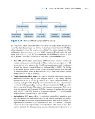 2.4  •  DNS—The Internet’s Directory Service     
157
the root servers, which returns IP addresses for TLD servers for the top-level domain
com. The client then contacts one of these TLD servers, which returns the IP address
of an authoritative server for amazon.com. Finally, the client contacts one of the
authoritative servers for amazon.com, which returns the IP address for the host-
name www.amazon.com. We’ll soon examine this DNS lookup process in more
detail. But let’s first take a closer look at these three classes of DNS servers:
• Root DNS servers. There are more than 1000 root servers instances scattered all
over the world, as shown in Figure 2.18. These root servers are copies of 13 dif-
ferent root servers, managed by 12 different organizations, and coordinated
through the Internet Assigned Numbers Authority [IANA 2020]. The full list
of root name servers, along with the organizations that manage them and their
IP addresses can be found at [Root Servers 2020]. Root name servers provide
the IP addresses of the TLD servers.
• Top-level domain (TLD) servers. For each of the top-level domains—top-level
domains such as com, org, net, edu, and gov, and all of the country top-level
domains such as uk, fr, ca, and jp—there is TLD server (or server cluster). The
company Verisign Global Registry Services maintains the TLD servers for the
com top-level domain, and the company Educause maintains the TLD servers for
the edu top-level domain. The network infrastructure supporting a TLD can be
large and complex; see [Osterweil 2012] for a nice overview of the Verisign net-
work. See [TLD list 2020] for a list of all top-level domains. TLD servers provide
the IP addresses for authoritative DNS servers.
• Authoritative DNS servers. Every organization with publicly accessible hosts
(such as Web servers and mail servers) on the Internet must provide publicly
accessible DNS records that map the names of those hosts to IP addresses. An
organization’s authoritative DNS server houses these DNS records. An organi-
zation can choose to implement its own authoritative DNS server to hold these
records; alternatively, the organization can pay to have these records stored in an
edu DNS servers
org DNS servers
com DNS servers
nyu.edu
DNS servers
facebook.com
DNS servers
amazon.com
DNS servers
pbs.org
DNS servers
umass.edu
DNS servers
Root DNS servers
Figure 2.17 ♦ Portion of the hierarchy of DNS servers
M02_KURO5469_08_GE_C02.indd 157 03/05/2021 15:50
 