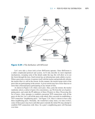 2.5  •   Peer-to-Peer File Distribution     
171
Let’s now take a closer look at how BitTorrent operates. Since BitTorrent is
a rather complicated protocol and system, we’ll only describe its most important
mechanisms, sweeping some of the details under the rug; this will allow us to see
the forest through the trees. Each torrent has an infrastructure node called a tracker.
When a peer joins a torrent, it registers itself with the tracker and periodically informs
the tracker that it is still in the torrent. In this manner, the tracker keeps track of the
peers that are participating in the torrent. A given torrent may have fewer than ten or
more than a thousand peers participating at any instant of time.
As shown in Figure 2.24, when a new peer, Alice, joins the torrent, the tracker
randomly selects a subset of peers (for concreteness, say 50) from the set of partici-
pating peers, and sends the IP addresses of these 50 peers to Alice. Possessing this
list of peers, Alice attempts to establish concurrent TCP connections with all the
peers on this list. Let’s call all the peers with which Alice succeeds in establishing a
TCP connection “neighboring peers.” (In Figure 2.24, Alice is shown to have only
three neighboring peers. Normally, she would have many more.) As time evolves,
some of these peers may leave and other peers (outside the initial 50) may attempt to
establish TCP connections with Alice. So a peer’s neighboring peers will fluctuate
over time.
Tracker
Trading chunks
Peer
Obtain
list of
peers
Alice
Figure 2.24 ♦ File distribution with BitTorrent
M02_KURO5469_08_GE_C02.indd 171 03/05/2021 15:50
 