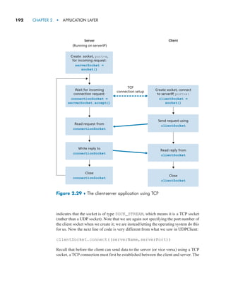 192     CHAPTER 2  •  APPLICATION LAYER
indicates that the socket is of type SOCK_STREAM, which means it is a TCP socket
(rather than a UDP socket). Note that we are again not specifying the port number of
the client socket when we create it; we are instead letting the operating system do this
for us. Now the next line of code is very different from what we saw in UDPClient:
clientSocket.connect((serverName,serverPort))
Recall that before the client can send data to the server (or vice versa) using a TCP
socket, a TCP connection must first be established between the client and server. The
Close
connectionSocket
Write reply to
connectionSocket
Read request from
connectionSocket
Create socket, port=x,
for incoming request:
Server
serverSocket =
socket()
Wait for incoming
connection request:
connectionSocket =
serverSocket.accept()
(Running on serverIP)
Client
TCP
connection setup Create socket, connect
to serverIP, port=x:
clientSocket =
socket()
Read reply from
clientSocket
Send request using
clientSocket
Close
clientSocket
Figure 2.29 ♦ The client-server application using TCP
M02_KURO5469_08_GE_C02.indd 192 03/05/2021 15:50
 