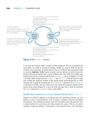 238     CHAPTER 3  •  TRANSPORT LAYER
is received, the receiver sends a negative acknowledgment. We can accomplish the
same effect as a NAK if, instead of sending a NAK, we send an ACK for the last
correctly received packet. A sender that receives two ACKs for the same packet (that
is, receives duplicate ACKs) knows that the receiver did not correctly receive the
packet following the packet that is being ACKed twice. Our NAK-free reliable data
transfer protocol for a channel with bit errors is rdt2.2, shown in Figures 3.13 and
3.14. One subtle change between rtdt2.1 and rdt2.2 is that the receiver must
now include the sequence number of the packet being acknowledged by an ACK
message (this is done by including the ACK, 0 or ACK, 1 argument in make_pkt()
in the receiver FSM), and the sender must now check the sequence number of the
packet being acknowledged by a received ACK message (this is done by including
the 0 or 1 argument in isACK() in the sender FSM).
Reliable Data Transfer over a Lossy Channel with Bit Errors: rdt3.0
Suppose now that in addition to corrupting bits, the underlying channel can lose
packets as well, a not-uncommon event in today’s computer networks (including
the Internet). Two additional concerns must now be addressed by the protocol: how
to detect packet loss and what to do when packet loss occurs. The use of check-
summing, sequence numbers, ACK packets, and retransmissions—the techniques
rdt_rcv(rcvpkt) notcorrupt
(rcvpkt) has_seq0(rcvpkt)
sndpkt=make_pkt(ACK,checksum)
udt_send(sndpkt)
rdt_rcv(rcvpkt)  corrupt(rcvpkt)
sndpkt=make_pkt(NAK,checksum)
udt_send(sndpkt)
rdt_rcv(rcvpkt)
 corrupt(rcvpkt)
sndpkt=make_pkt(NAK,checksum)
udt_send(sndpkt)
sndpkt=make_pkt(ACK,checksum)
udt_send(sndpkt)
rdt_rcv(rcvpkt)  notcorrupt(rcvpkt)
 has_seq1(rcvpkt)
extract(rcvpkt,data)
deliver_data(data)
sndpkt=make_pkt(ACK,checksum)
udt_send(sndpkt)
rdt_rcv(rcvpkt) notcorrupt(rcvpkt)
 has_seq0(rcvpkt)
extract(rcvpkt,data)
deliver_data(data)
sndpkt=make_pkt(ACK,checksum)
udt_send(sndpkt)
Wait for
0 from
below
Wait for
1 from
below
rdt_rcv(rcvpkt) notcorrupt
(rcvpkt) has_seq1(rcvpkt)
Figure 3.12 ♦ rdt2.1 receiver
M03_KURO5469_08_GE_C03.indd 238 08/05/2021 13:58
 