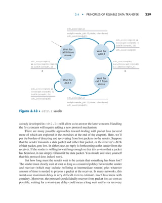 3.4  •   Principles of Reliable Data Transfer     
239
Wait for
call 0 from
above
rdt_rcv(rcvpkt) 
(corrupt(rcvpkt)||
isACK(rcvpkt,1))
udt_send(sndpkt)
rdt_rcv(rcvpkt) 
(corrupt(rcvpkt)||
isACK(rcvpkt,0))
udt_send(sndpkt)
rdt_rcv(rcvpkt)
 notcorrupt(rcvpkt)
 isACK(rcvpkt,0)
rdt_rcv(rcvpkt)
 notcorrupt(rcvpkt)
 isACK(rcvpkt,1)
rdt_send(data)
sndpkt=make_pkt(0,data,checksum)
udt_send(sndpkt)
rdt_send(data)
sndpkt=make_pkt(1,data,checksum)
udt_send(sndpkt)
Wait for
ACK 0
Wait for
ACK 1
L L
Wait for
call 1 from
above
Figure 3.13 ♦ rdt2.2 sender
already developed in rdt2.2—will allow us to answer the latter concern. Handling
the first concern will require adding a new protocol mechanism.
There are many possible approaches toward dealing with packet loss (several
more of which are explored in the exercises at the end of the chapter). Here, we’ll
put the burden of detecting and recovering from lost packets on the sender. Suppose
that the sender transmits a data packet and either that packet, or the receiver’s ACK
of that packet, gets lost. In either case, no reply is forthcoming at the sender from the
receiver. If the sender is willing to wait long enough so that it is certain that a packet
has been lost, it can simply retransmit the data packet. You should convince yourself
that this protocol does indeed work.
But how long must the sender wait to be certain that something has been lost?
The sender must clearly wait at least as long as a round-trip delay between the sender
and receiver (which may include buffering at intermediate routers) plus whatever
amount of time is needed to process a packet at the receiver. In many networks, this
worst-case maximum delay is very difficult even to estimate, much less know with
certainty. Moreover, the protocol should ideally recover from packet loss as soon as
possible; waiting for a worst-case delay could mean a long wait until error recovery
M03_KURO5469_08_GE_C03.indd 239 08/05/2021 13:58
 