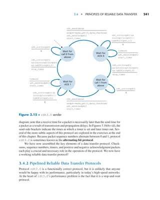 3.4  •   Principles of Reliable Data Transfer     
241
diagram; note that a receive time for a packet is necessarily later than the send time for
a packet as a result of transmission and propagation delays. In Figures 3.16(b)–(d), the
send-side brackets indicate the times at which a timer is set and later times out. Sev-
eral of the more subtle aspects of this protocol are explored in the exercises at the end
of this chapter. Because packet sequence numbers alternate between 0 and 1, protocol
rdt3.0 is sometimes known as the alternating-bit protocol.
We have now assembled the key elements of a data transfer protocol. Check-
sums, sequence numbers, timers, and positive and negative acknowledgment packets
each play a crucial and necessary role in the operation of the protocol. We now have
a working reliable data transfer protocol!
3.4.2 Pipelined Reliable Data Transfer Protocols
Protocol rdt3.0 is a functionally correct protocol, but it is unlikely that anyone
would be happy with its performance, particularly in today’s high-speed networks.
At the heart of rdt3.0’s performance problem is the fact that it is a stop-and-wait
protocol.
Wait for
call 0 from
above
rdt_rcv(rcvpkt) 
(corrupt(rcvpkt)||
isACK(rcvpkt,1))
timeout
udt_send(sndpkt)
start_timer
rdt_rcv(rcvpkt)
L
rdt_rcv(rcvpkt) 
(corrupt(rcvpkt)||
isACK(rcvpkt,0))
rdt_rcv(rcvpkt)
 notcorrupt(rcvpkt)
 isACK(rcvpkt,0)
stop_timer
rdt_rcv(rcvpkt)
 notcorrupt(rcvpkt)
 isACK(rcvpkt,1)
stop_timer
timeout
udt_send(sndpkt)
start_timer
rdt_send(data)
sndpkt=make_pkt(0,data,checksum)
udt_send(sndpkt)
start_timer
rdt_send(data)
sndpkt=make_pkt(1,data,checksum)
udt_send(sndpkt)
start_timer
Wait for
ACK 0
Wait for
ACK 1
L
L
Wait for
call 1 from
above
rdt_rcv(rcvpkt)
L
Figure 3.15 ♦ rdt3.0 sender
M03_KURO5469_08_GE_C03.indd 241 08/05/2021 13:58
 