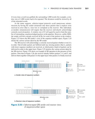 3.4  •   Principles of Reliable Data Transfer     
251
if every time a word was garbled, the surrounding 1,000 words (for example, a win-
dow size of 1,000 words) had to be repeated. The dictation would be slowed by all
of the reiterated words.
As the name suggests, selective-repeat protocols avoid unnecessary retrans-
missions by having the sender retransmit only those packets that it suspects were
received in error (that is, were lost or corrupted) at the receiver. This individual,
as-needed, retransmission will require that the receiver individually acknowledge
correctly received packets. A window size of N will again be used to limit the num-
ber of outstanding, unacknowledged packets in the pipeline. However, unlike GBN,
the sender will have already received ACKs for some of the packets in the window.
Figure 3.23 shows the SR sender’s view of the sequence number space. Figure 3.24
details the various actions taken by the SR sender.
The SR receiver will acknowledge a correctly received packet whether or not it is
in order. Out-of-order packets are buffered until any missing packets (that is, packets
with lower sequence numbers) are received, at which point a batch of packets can be
delivered in order to the upper layer. Figure 3.25 itemizes the various actions taken by
the SR receiver. Figure 3.26 shows an example of SR operation in the presence of lost
packets. Note that in Figure 3.26, the receiver initially buffers packets 3, 4, and 5, and
delivers them together with packet 2 to the upper layer when packet 2 is finally received.
send_base nextseqnum
Window size
N
Key:
Key:
Already
ACK’d
Sent, not
yet ACK’d
Usable,
not yet sent
Not usable
Out of order
(buffered) but
already ACK’d
Expected, not
yet received
Acceptable
(within
window)
Not usable
a. Sender view of sequence numbers
b. Receiver view of sequence numbers
rcv_base
Window size
N
Figure 3.23 ♦ 
Selective-repeat (SR) sender and receiver views
of sequence-number space
M03_KURO5469_08_GE_C03.indd 251 08/05/2021 13:58
 