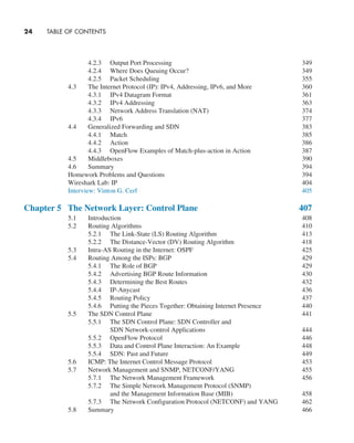 24     TABLE OF CONTENTS
4.2.3 Output Port Processing 349
4.2.4 Where Does Queuing Occur? 349
4.2.5 Packet Scheduling 355
4.3 The Internet Protocol (IP): IPv4, Addressing, IPv6, and More 360
4.3.1 IPv4 Datagram Format 361
4.3.2 IPv4 Addressing 363
4.3.3 Network Address Translation (NAT) 374
4.3.4 IPv6 377
4.4 Generalized Forwarding and SDN 383
4.4.1 Match 385
4.4.2 Action 386
4.4.3 OpenFlow Examples of Match-plus-action in Action 387
4.5 Middleboxes 390
4.6 Summary 394
Homework Problems and Questions 394
Wireshark Lab: IP 404
Interview: Vinton G. Cerf 405
Chapter 5 The Network Layer: Control Plane 407
5.1 Introduction 408
5.2 Routing Algorithms 410
5.2.1 The Link-State (LS) Routing Algorithm 413
5.2.2 The Distance-Vector (DV) Routing Algorithm 418
5.3 Intra-AS Routing in the Internet: OSPF 425
5.4 Routing Among the ISPs: BGP 429
5.4.1 The Role of BGP 429
5.4.2 Advertising BGP Route Information 430
5.4.3 Determining the Best Routes 432
5.4.4 IP-Anycast 436
5.4.5 Routing Policy 437
5.4.6 Putting the Pieces Together: Obtaining Internet Presence 440
5.5 The SDN Control Plane 441
5.5.1 The SDN Control Plane: SDN Controller and
SDN Network-control Applications 444
5.5.2 OpenFlow Protocol 446
5.5.3 Data and Control Plane Interaction: An Example 448
5.5.4 SDN: Past and Future 449
5.6 ICMP: The Internet Control Message Protocol 453
5.7 Network Management and SNMP, NETCONF/YANG 455
5.7.1 The Network Management Framework 456
5.7.2 The Simple Network Management Protocol (SNMP)
and the Management Information Base (MIB) 458
5.7.3 The Network Configuration Protocol (NETCONF) and YANG 462
5.8 Summary 466
A01_KURO5469_08_GE_FM.indd 24 11/05/2021 12:07
 