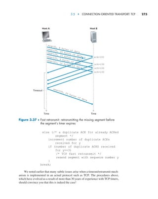3.5  •   Connection-Oriented Transport: TCP     
275
Host A Host B
seq=100, 20 bytes of data
Timeout
Time Time
X
seq=100, 20 bytes of data
seq=92, 8 bytes of data
seq=120, 15 bytes of data
seq=135, 6 bytes of data
seq=141, 16 bytes of data
ack=100
ack=100
ack=100
ack=100
Figure 3.37 ♦ 
Fast retransmit: retransmitting the missing segment before
the segment’s timer expires
else {/* a duplicate ACK for already ACKed
segment */
increment number of duplicate ACKs
received for y
if (number of duplicate ACKS received
for y==3)
/* TCP fast retransmit */
resend segment with sequence number y
}
break;
We noted earlier that many subtle issues arise when a timeout/retransmit mech-
anism is implemented in an actual protocol such as TCP. The procedures above,
which have evolved as a result of more than 30 years of experience with TCP timers,
should convince you that this is indeed the case!
M03_KURO5469_08_GE_C03.indd 275 08/05/2021 13:58
 