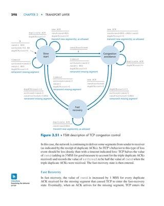 298     CHAPTER 3  •  TRANSPORT LAYER
In this case, the network is continuing to deliver some segments from sender to receiver
(as indicated by the receipt of duplicate ACKs). So TCP’s behavior to this type of loss
event should be less drastic than with a timeout-indicated loss: TCP halves the value
of cwnd (adding in 3 MSS for good measure to account for the triple duplicate ACKs
received) and records the value of ssthresh to be half the value of cwnd when the
triple duplicate ACKs were received. The fast-recovery state is then entered.
Fast Recovery
In fast recovery, the value of cwnd is increased by 1 MSS for every duplicate
ACK received for the missing segment that caused TCP to enter the fast-recovery
state. Eventually, when an ACK arrives for the missing segment, TCP enters the
Slow
start
duplicate ACK
dupACKcount++
duplicate ACK
dupACKcount++
timeout
ssthresh=cwnd/2
cwnd=1 MSS
dupACKcount=0
cwnd=1 MSS
ssthresh=64 KB
dupACKcount=0
timeout
ssthresh=cwnd/2
cwnd=1
dupACKcount=0
timeout
ssthresh=cwnd/2
cwnd=1 MSS
dupACKcount=0
cwnd $ssthresh
Congestion
avoidance
Fast
recovery
new ACK
cwnd=cwnd+MSS •(MSS/cwnd)
dupACKcount=0
transmit new segment(s), as allowed
new ACK
cwnd=cwnd+MSS
dupACKcount=0
transmit new segment(s), as allowed
retransmit missing segment
retransmit missing segment dupACKcount==3
ssthresh=cwnd/2
cwnd=ssthresh+3•MSS
retransmit missing segment
duplicate ACK
cwnd=cwnd+MSS
transmit new segment(s), as allowed
dupACKcount==3
ssthresh=cwnd/2
cwnd=ssthresh+3•MSS
retransmit missing segment
retransmit missing segment
new ACK
cwnd=ssthresh
dupACKcount=0
L
L
Figure 3.51 ♦ FSM description of TCP congestion control
Examining the behavior
of TCP
VideoNote
M03_KURO5469_08_GE_C03.indd 298 08/05/2021 13:58
 
