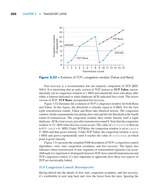 300     CHAPTER 3  •  TRANSPORT LAYER
Fast recovery is a recommended, but not required, component of TCP [RFC
5681]. It is interesting that an early version of TCP, known as TCP Tahoe, uncon-
ditionally cut its congestion window to 1 MSS and entered the slow-start phase after
either a timeout-indicated or triple-duplicate-ACK-indicated loss event. The newer
version of TCP, TCP Reno, incorporated fast recovery.
Figure 3.52 illustrates the evolution of TCP’s congestion window for both Reno
and Tahoe. In this figure, the threshold is initially equal to 8 MSS. For the first
eight transmission rounds, Tahoe and Reno take identical actions. The congestion
window climbs exponentially fast during slow start and hits the threshold at the fourth
round of transmission. The congestion window then climbs linearly until a triple
duplicate- ACK event occurs, just after transmission round 8. Note that the congestion
window is 12 # MSS when this loss event occurs. The value of ssthresh is then set
to 0.5 # cwnd = 6 # MSS. Under TCP Reno, the congestion window is set to cwnd =
9 # MSS and then grows linearly. Under TCP Tahoe, the congestion window is set to
1 MSS and grows exponentially until it reaches the value of ssthresh, at which
point it grows linearly.
Figure 3.51 presents the complete FSM description of TCP’s congestion-control
algorithms—slow start, congestion avoidance, and fast recovery. The figure also
indicates where transmission of new segments or retransmitted segments can occur.
Although it is important to distinguish between TCP error control/retransmission and
TCP congestion control, it’s also important to appreciate how these two aspects of
TCP are inextricably linked.
TCP Congestion Control: Retrospective
Having delved into the details of slow start, congestion avoidance, and fast recovery,
it’s worthwhile to now step back and view the forest from the trees. Ignoring the
0
1
0 2 3 4 5 6 7 8
Transmission round
TCP Tahoe
ssthresh
ssthresh
Congestion
window
(in
segments)
9 10 11 12 13 14 15
2
4
6
8
10
12
14
16
TCP Reno
Figure 3.52 ♦ Evolution of TCP’s congestion window (Tahoe and Reno)
M03_KURO5469_08_GE_C03.indd 300 08/05/2021 13:58
 