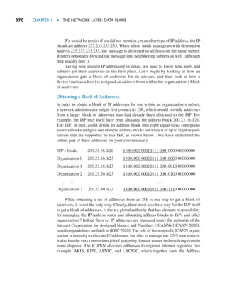 370     CHAPTER 4  •  THE NETWORK LAYER: DATA PLANE
We would be remiss if we did not mention yet another type of IP address, the IP
broadcast address 255.255.255.255. When a host sends a datagram with destination
address 255.255.255.255, the message is delivered to all hosts on the same subnet.
Routers optionally forward the message into neighboring subnets as well (although
they usually don’t).
Having now studied IP addressing in detail, we need to know how hosts and
subnets get their addresses in the first place. Let’s begin by looking at how an
organization gets a block of addresses for its devices, and then look at how a
device (such as a host) is assigned an address from within the organization’s block
of addresses.
Obtaining a Block of Addresses
In order to obtain a block of IP addresses for use within an organization’s subnet,
a network administrator might first contact its ISP, which would provide addresses
from a larger block of addresses that had already been allocated to the ISP. For
example, the ISP may itself have been allocated the address block 200.23.16.0/20.
The ISP, in turn, could divide its address block into eight equal-sized contiguous
address blocks and give one of these address blocks out to each of up to eight organi-
zations that are supported by this ISP, as shown below. (We have underlined the
subnet part of these addresses for your convenience.)
ISP’s block:     200.23.16.0/20     11001000 00010111 00010000 00000000
Organization 0   200.23.16.0/23     11001000 00010111 00010000 00000000
Organization 1   200.23.18.0/23     11001000 00010111 00010010 00000000
Organization 2   200.23.20.0/23     11001000 00010111 00010100 00000000
… …              …
Organization 7   200.23.30.0/23     11001000 00010111 00011110 00000000
While obtaining a set of addresses from an ISP is one way to get a block of
addresses, it is not the only way. Clearly, there must also be a way for the ISP itself
to get a block of addresses. Is there a global authority that has ultimate responsibility
for managing the IP address space and allocating address blocks to ISPs and other
organizations? Indeed there is! IP addresses are managed under the authority of the
Internet Corporation for Assigned Names and Numbers (ICANN) [ICANN 2020],
based on guidelines set forth in [RFC 7020]. The role of the nonprofit ICANN organ-
ization is not only to allocate IP addresses, but also to manage the DNS root servers.
It also has the very contentious job of assigning domain names and resolving domain
name disputes. The ICANN allocates addresses to regional Internet registries (for
example, ARIN, RIPE, APNIC, and LACNIC, which together form the Address
M04_KURO5469_08_GE_C04.indd 370 08/05/2021 14:06
 