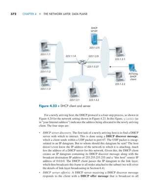 372     CHAPTER 4  •  THE NETWORK LAYER: DATA PLANE
For a newly arriving host, the DHCP protocol is a four-step process, as shown in
Figure 4.24 for the network setting shown in Figure 4.23. In this figure, yiaddr (as
in “your Internet address”) indicates the address being allocated to the newly arriving
client. The four steps are:
• DHCP server discovery. The first task of a newly arriving host is to find a DHCP
server with which to interact. This is done using a DHCP discover message,
which a client sends within a UDP packet to port 67. The UDP packet is encap-
sulated in an IP datagram. But to whom should this datagram be sent? The host
doesn’t even know the IP address of the network to which it is attaching, much
less the address of a DHCP server for this network. Given this, the DHCP client
creates an IP datagram containing its DHCP discover message along with the
broadcast destination IP address of 255.255.255.255 and a “this host” source IP
address of 0.0.0.0. The DHCP client passes the IP datagram to the link layer,
which then broadcasts this frame to all nodes attached to the subnet (we will cover
the details of link-layer broadcasting in Section 6.4).
• DHCP server offer(s). A DHCP server receiving a DHCP discover message
responds to the client with a DHCP offer message that is broadcast to all
223.1.1.1
223.1.1.2
223.1.1.4 223.1.2.9
223.1.3.27
223.1.1.3
223.1.3.1 223.1.3.2
223.1.2.1
223.1.2.5
223.1.2.2
Arriving
DHCP
client
DHCP
server
Figure 4.23 ♦ DHCP client and server
M04_KURO5469_08_GE_C04.indd 372 08/05/2021 14:06
 