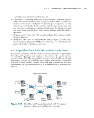 4.4  •  Generalized Forwarding and SDN     
387
Among the most important possible actions are:
• Forwarding. An incoming packet may be forwarded to a particular physical
output port, broadcast over all ports (except the port on which it arrived) or
multicast over a selected set of ports. The packet may be encapsulated and sent
to the remote controller for this device. That controller then may (or may not)
take some action on that packet, including installing new flow table entries, and
may return the packet to the device for forwarding under the updated set of flow
table rules.
• Dropping. A flow table entry with no action indicates that a matched packet
should be dropped.
• Modify-field. The values in 10 packet-header fields (all layer 2, 3, and 4 fields
shown in Figure 4.29 except the IP Protocol field) may be re-written before the
packet is forwarded to the chosen output port.
4.4.3 OpenFlow Examples of Match-plus-action in Action
Having now considered both the match and action components of generalized
forwarding, let’s put these ideas together in the context of the sample network
shown in Figure 4.30. The network has 6 hosts (h1, h2, h3, h4, h5 and h6) and
three packet switches (s1, s2 and s3), each with four local interfaces (numbered
1 through 4). We’ll consider a number of network-wide behaviors that we’d like
to implement, and the flow table entries in s1, s2 and s3 needed to implement this
behavior.
1
4
s3
s3
s1
s2
2 3
1
2 3
4
Host h6
10.3.0.6
OpenFlow controller
Host h5
10.3.0.5
Host h1
10.1.0.1
Host h2
10.1.0.2
Host h3
10.2.0.3
Host h4
10.2.0.4
1
4
2 3
Figure 4.30 ♦ 
OpenFlow match-plus-action network with three packet
switches, 6 hosts, and an OpenFlow controller
M04_KURO5469_08_GE_C04.indd 387 08/05/2021 14:06
 