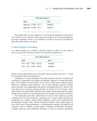 4.4  •  Generalized Forwarding and SDN     
389
s2 Flow Table (Example 2)
Match Action
Ingress port = 3; IP Dst = 10.1.*.* Forward(2)
Ingress port = 4; IP Dst = 10.1.*.* Forward(1)
… …
Flow table entries are also needed at s1 to forward the datagrams received from
s2 to either h1 or h2; and flow table entries are needed at s3 to forward datagrams
received on interface 4 from s2 over interface 3 toward s1. See if you can figure out
these flow table entries at s1 and s3.
A Third Example: Firewalling
As a third example, let’s consider a firewall scenario in which s2 wants only to
receive (on any of its interfaces) traffic sent from hosts attached to s3.
s2 Flow Table (Example 3)
Match Action
IP Src = 10.3.*.* IP Dst = 10.2.0.3 Forward(3)
IP Src = 10.3.*.* IP Dst = 10.2.0.4 Forward(4)
… …
If there were no other entries in s2’s flow table, then only traffic from 10.3.*.* would
be forwarded to the hosts attached to s2.
Although we’ve only considered a few basic scenarios here, the versatility and
advantages of generalized forwarding are hopefully apparent. In homework prob-
lems, we’ll explore how flow tables can be used to create many different logical
behaviors, including virtual networks—two or more logically separate networks
(each with their own independent and distinct forwarding behavior)—that use the
same physical set of packet switches and links. In Section 5.5, we’ll return to flow
tables when we study the SDN controllers that compute and distribute the flow tables,
and the protocol used for communicating between a packet switch and its controller.
The match-plus-action flow tables that we’ve seen in this section are actually
a limited form of programmability, specifying how a router should forward and
manipulate (e.g., change a header field) a datagram, based on the match between
the datagram’s header values and the matching conditions. One could imagine an
even richer form of programmability—a programming language with higher-level
constructs such as variables, general purpose arithmetic and Boolean operations,
variables, functions, and conditional statements, as well as constructs specifically
M04_KURO5469_08_GE_C04.indd 389 08/05/2021 14:06
 