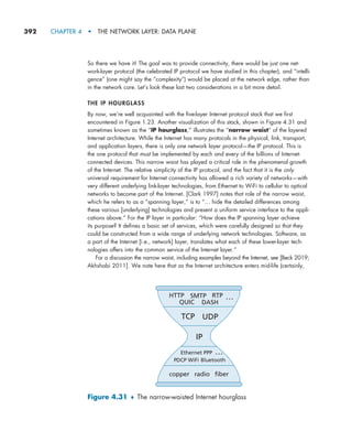 392     CHAPTER 4  •  THE NETWORK LAYER: DATA PLANE
So there we have it! The goal was to provide connectivity, there would be just one net-
work-layer protocol (the celebrated IP protocol we have studied in this chapter), and “intelli-
gence” (one might say the “complexity”) would be placed at the network edge, rather than
in the network core. Let’s look these last two considerations in a bit more detail.
THE IP HOURGLASS
By now, we’re well acquainted with the five-layer Internet protocol stack that we first
encountered in Figure 1.23. Another visualization of this stack, shown in Figure 4.31 and
sometimes known as the “IP hourglass,” illustrates the “narrow waist” of the layered
Internet architecture. While the Internet has many protocols in the physical, link, transport,
and application layers, there is only one network layer protocol—the IP protocol. This is
the one protocol that must be implemented by each and every of the billions of Internet-
connected devices. This narrow waist has played a critical role in the phenomenal growth
of the Internet. The relative simplicity of the IP protocol, and the fact that it is the only
universal requirement for Internet connectivity has allowed a rich variety of networks—with
very different underlying link-layer technologies, from Ethernet to WiFi to cellular to optical
networks to become part of the Internet. [Clark 1997] notes that role of the narrow waist,
which he refers to as a “spanning layer,” is to “… hide the detailed differences among
these various [underlying] technologies and present a uniform service interface to the appli-
cations above.” For the IP layer in particular: “How does the IP spanning layer achieve
its purpose? It defines a basic set of services, which were carefully designed so that they
could be constructed from a wide range of underlying network technologies. Software, as
a part of the Internet [i.e., network] layer, translates what each of these lower-layer tech-
nologies offers into the common service of the Internet layer.”
For a discussion the narrow waist, including examples beyond the Internet, see [Beck 2019;
Akhshabi 2011]. We note here that as the Internet architecture enters mid-life (certainly,
IP
TCP UDP
HTTP SMTP
QUIC DASH
RTP …
Ethernet PPP …
WiFi Bluetooth
PDCP
copper fiber
radio
Figure 4.31 ♦ The narrow-waisted Internet hourglass
M04_KURO5469_08_GE_C04.indd 392 08/05/2021 14:06
 