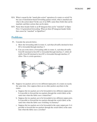 PROBLEMS     
397
R34. What is meant by the “match plus action” operation of a router or switch? In
the case of destination-based forwarding packet switch, what is matched and
what is the action taken? In the case of an SDN, name three fields that can be
matched, and three actions that can be taken.
R35. Name three header fields in an IP datagram that can be “matched” in Open-
Flow 1.0 generalized forwarding. What are three IP datagram header fields
that cannot be “matched” in OpenFlow?
Problems
P1. Consider the network below.
a. Show the forwarding table in router A, such that all traffic destined to host
H3 is forwarded through interface 3.
b. Can you write down a forwarding table in router A, such that all traffic
from H1 destined to host H3 is forwarded through interface 3, while all
traffic from H2 destined to host H3 is forwarded through interface 4?
(Hint: This is a trick question.)
B
A
1 3
2 4
2
D
1
2
3
H3
H1
H2
1
1 2
C
P2. Suppose two packets arrive to two different input ports of a router at exactly
the same time. Also suppose there are no other packets anywhere in the
router.
a. Suppose the two packets are to be forwarded to two different output ports.
Is it possible to forward the two packets through the switch fabric at the
same time when the fabric uses a shared bus?
b. Suppose the two packets are to be forwarded to two different output ports.
Is it possible to forward the two packets through the switch fabric at the
same time when the fabric uses switching via memory?
c. Suppose the two packets are to be forwarded to the same output port. Is it
possible to forward the two packets through the switch fabric at the same
time when the fabric uses a crossbar?
M04_KURO5469_08_GE_C04.indd 397 08/05/2021 14:06
 
