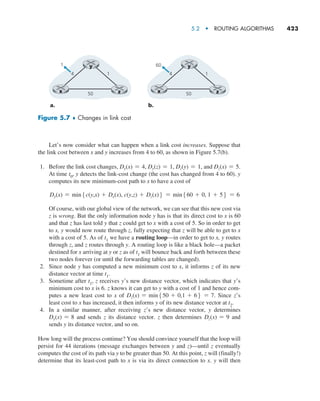 5.2  •  Routing Algorithms     
423
Let’s now consider what can happen when a link cost increases. Suppose that
the link cost between x and y increases from 4 to 60, as shown in Figure 5.7(b).
1. Before the link cost changes, Dy(x) = 4, Dy(z) = 1, Dz(y) = 1, and Dz(x) = 5.
At time t0, y detects the link-cost change (the cost has changed from 4 to 60). y
computes its new minimum-cost path to x to have a cost of
Dy(x) = min5c(y,x) + Dx(x), c(y,z) + Dz(x)6 = min560 + 0, 1 + 56 = 6
		 Of course, with our global view of the network, we can see that this new cost via
z is wrong. But the only information node y has is that its direct cost to x is 60
and that z has last told y that z could get to x with a cost of 5. So in order to get
to x, y would now route through z, fully expecting that z will be able to get to x
with a cost of 5. As of t1 we have a routing loop—in order to get to x, y routes
through z, and z routes through y. A routing loop is like a black hole—a packet
destined for x arriving at y or z as of t1 will bounce back and forth between these
two nodes forever (or until the forwarding tables are changed).
2. Since node y has computed a new minimum cost to x, it informs z of its new
distance vector at time t1.
3. Sometime after t1, z receives y’s new distance vector, which indicates that y’s
minimum cost to x is 6. z knows it can get to y with a cost of 1 and hence com-
putes a new least cost to x of Dz(x) = min550 + 0,1 + 66 = 7. Since z’s
least cost to x has increased, it then informs y of its new distance vector at t2.
4. In a similar manner, after receiving z’s new distance vector, y determines
Dy(x) = 8 and sends z its distance vector. z then determines Dz(x) = 9 and
sends y its distance vector, and so on.
How long will the process continue? You should convince yourself that the loop will
persist for 44 iterations (message exchanges between y and z)—until z eventually
computes the cost of its path via y to be greater than 50. At this point, z will (finally!)
determine that its least-cost path to x is via its direct connection to x. y will then
50
4
1 60
1
y
x
a. b.
z 50
4 1
y
x z
Figure 5.7 ♦ Changes in link cost
M05_KURO5469_08_GE_C05.indd 423 03/05/2021 16:42
 