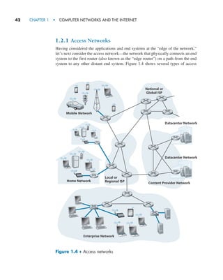 42     CHAPTER 1  •  COMPUTER NETWORKS AND THE INTERNET
1.2.1 Access Networks
Having considered the applications and end systems at the “edge of the network,”
let’s next consider the access network—the network that physically connects an end
system to the first router (also known as the “edge router”) on a path from the end
system to any other distant end system. Figure 1.4 shows several types of access
Figure 1.4 ♦ Access networks
Content Provider Network
National or
Global ISP
Datacenter Network
Datacenter Network
Mobile Network
Enterprise Network
Home Network
Local or
Regional ISP
M01_KURO5469_08_GE_C01.indd 42 08/05/2021 13:50
 