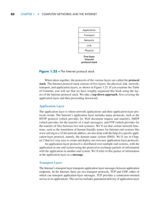 80     CHAPTER 1  •  COMPUTER NETWORKS AND THE INTERNET
When taken together, the protocols of the various layers are called the protocol
stack. The Internet protocol stack consists of five layers: the physical, link, network,
transport, and application layers, as shown in Figure 1.23. If you examine the Table
of Contents, you will see that we have roughly organized this book using the lay-
ers of the Internet protocol stack. We take a top-down approach, first covering the
application layer and then proceeding downward.
Application Layer
The application layer is where network applications and their application-layer pro-
tocols reside. The Internet’s application layer includes many protocols, such as the
HTTP protocol (which provides for Web document request and transfer), SMTP
(which provides for the transfer of e-mail messages), and FTP (which provides for
the transfer of files between two end systems). We’ll see that certain network func-
tions, such as the translation of human-friendly names for Internet end systems like
www.ietf.org to a 32-bit network address, are also done with the help of a specific appli-
cation-layer protocol, namely, the domain name system (DNS). We’ll see in Chap-
ter 2 that it is very easy to create and deploy our own new application-layer protocols.
An application-layer protocol is distributed over multiple end systems, with the
application in one end system using the protocol to exchange packets of information
with the application in another end system. We’ll refer to this packet of information
at the application layer as a message.
Transport Layer
The Internet’s transport layer transports application-layer messages between application
endpoints. In the Internet, there are two transport protocols, TCP and UDP, either of
which can transport application-layer messages. TCP provides a ­
connection-oriented
service to its applications. This service includes guaranteed delivery of application-layer
Figure 1.23 ♦ The Internet protocol stack
Transport
Application
Network
Link
Physical
Five-layer
Internet
protocol stack
M01_KURO5469_08_GE_C01.indd 80 08/05/2021 13:50
 