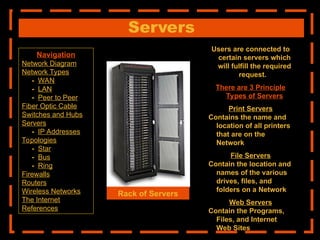 Servers
Users are connected to
certain servers which
will fulfill the required
request.
There are 3 Principle
Types of Servers
Print Servers
Contains the name and
location of all printers
that are on the
Network
File Servers
Contain the location and
names of the various
drives, files, and
folders on a Network
Web Servers
Contain the Programs,
Files, and Internet
Web Sites
Rack of Servers
Navigation
Network Diagram
Network Types
- WAN
- LAN
- Peer to Peer
Fiber Optic Cable
Switches and Hubs
Servers
- IP Addresses
Topologies
- Star
- Bus
- Ring
Firewalls
Routers
Wireless Networks
The Internet
References
 