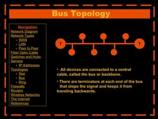 Bus Topology
T
T
• All devices are connected to a central
cable, called the bus or backbone.
• There are terminators at each end of the bus
that stops the signal and keeps it from
traveling backwards.
Navigation
Network Diagram
Network Types
- WAN
- LAN
- Peer to Peer
Fiber Optic Cable
Switches and Hubs
Servers
- IP Addresses
Topologies
- Star
- Bus
- Ring
Firewalls
Routers
Wireless Networks
The Internet
References
 