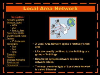 Local Area Network
• A Local Area Network spans a relatively small
area
• LAN are usually confined to one building or a
group of buildings
• Data travel between network devices via
network cables.
• The most common type of Local Area Network
is called Ethernet
Navigation
Network Diagram
Network Types
- WAN
- LAN
- Peer to Peer
Fiber Optic Cable
Switches and Hubs
Servers
- IP Addresses
Topologies
- Star
- Bus
- Ring
Firewalls
Routers
Wireless Networks
The Internet
References
 