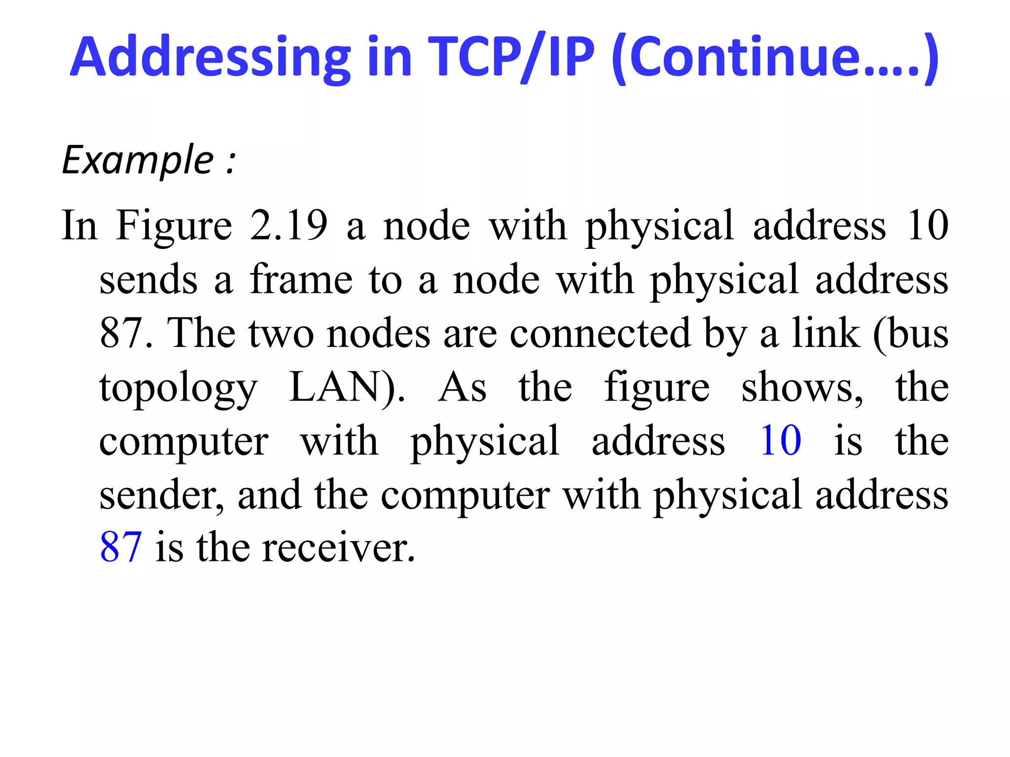 Addressing in TCP/IP (Continue….)
Example :
In Figure 2.19 a node with physical address 10
sends a frame to a node with physical address
87. The two nodes are connected by a link (bus
topology LAN). As the figure shows, the
computer with physical address 10 is the
sender, and the computer with physical address
87 is the receiver.
 