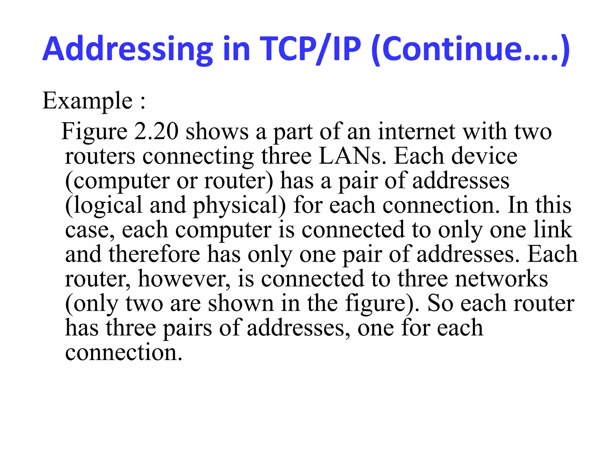 Addressing in TCP/IP (Continue….)
Example :
Figure 2.20 shows a part of an internet with two
routers connecting three LANs. Each device
(computer or router) has a pair of addresses
(logical and physical) for each connection. In this
case, each computer is connected to only one link
and therefore has only one pair of addresses. Each
router, however, is connected to three networks
(only two are shown in the figure). So each router
has three pairs of addresses, one for each
connection.
 