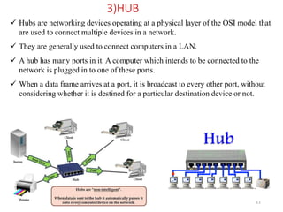 ADAD 11
3)HUB
 Hubs are networking devices operating at a physical layer of the OSI model that
are used to connect multiple devices in a network.
 They are generally used to connect computers in a LAN.
 A hub has many ports in it. A computer which intends to be connected to the
network is plugged in to one of these ports.
 When a data frame arrives at a port, it is broadcast to every other port, without
considering whether it is destined for a particular destination device or not.
 