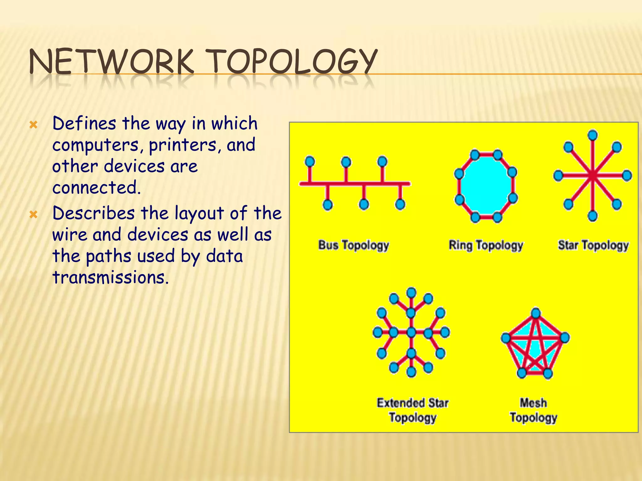 NETWORK TOPOLOGY
 Defines the way in which
computers, printers, and
other devices are
connected.
 Describes the layout of the
wire and devices as well as
the paths used by data
transmissions.
 