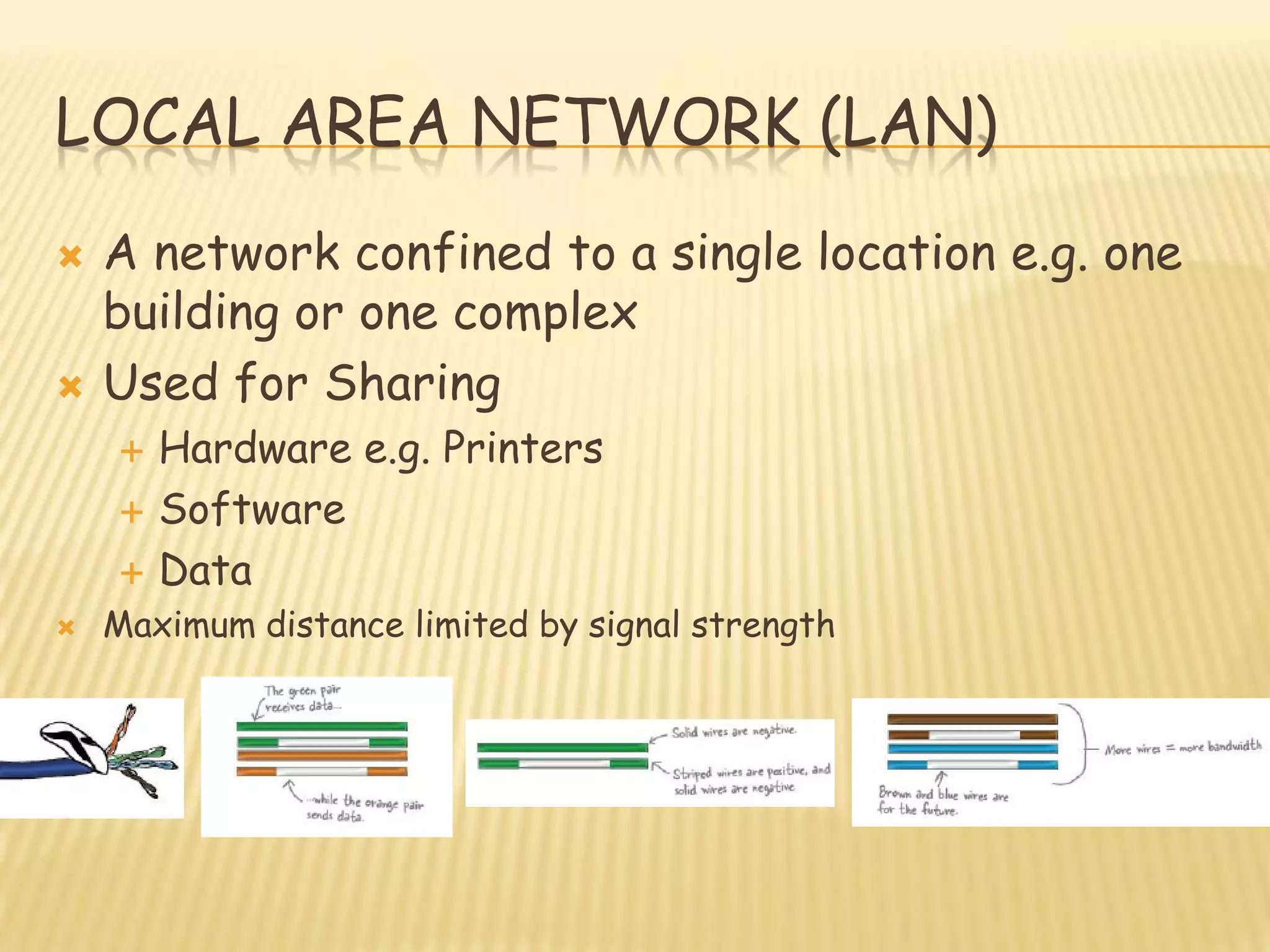 LOCAL AREA NETWORK (LAN)
 A network confined to a single location e.g. one
building or one complex
 Used for Sharing
 Hardware e.g. Printers
 Software
 Data
 Maximum distance limited by signal strength
 