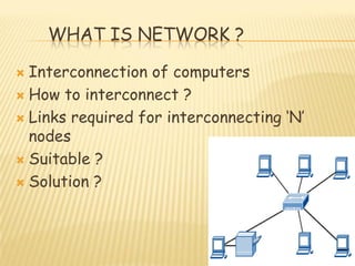 WHAT IS NETWORK ?
 Interconnection of computers
 How to interconnect ?
 Links required for interconnecting „N‟
nodes
 Suitable ?
 Solution ?
 