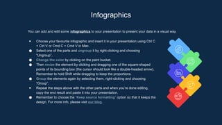 Infographics
You can add and edit some infographics to your presentation to present your data in a visual way.
● Choose your favourite infographic and insert it in your presentation using Ctrl C
+ Ctrl V or Cmd C + Cmd V in Mac.
● Select one of the parts and ungroup it by right-clicking and choosing
“Ungroup”.
● Change the color by clicking on the paint bucket.
● Then resize the element by clicking and dragging one of the square-shaped
points of its bounding box (the cursor should look like a double-headed arrow).
Remember to hold Shift while dragging to keep the proportions.
● Group the elements again by selecting them, right-clicking and choosing
“Group”.
● Repeat the steps above with the other parts and when you’re done editing,
copy the end result and paste it into your presentation.
● Remember to choose the “Keep source formatting” option so that it keeps the
design. For more info, please visit our blog.
 